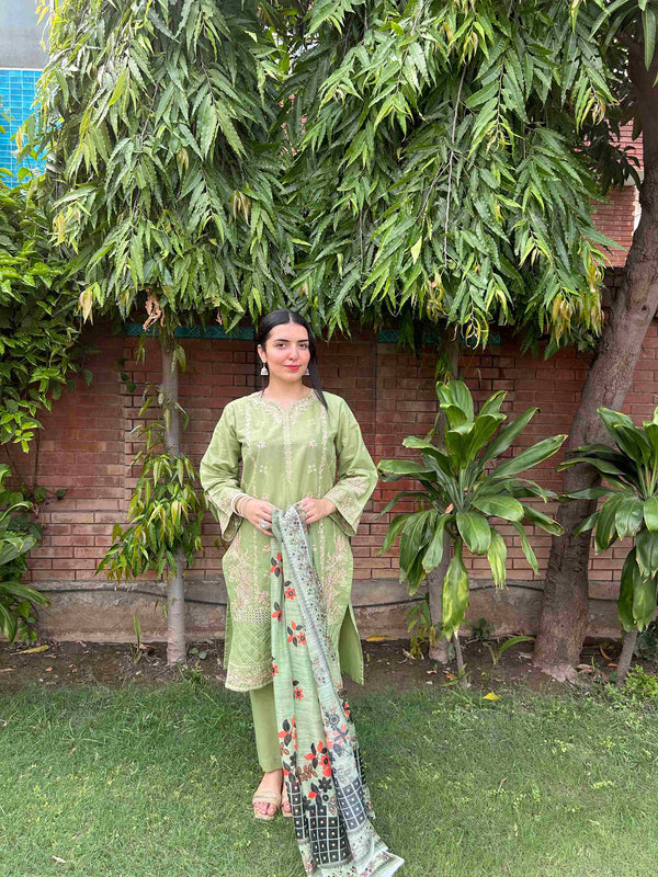 Attirepret Light Green Cotton 3-Piece Embroidered Suit