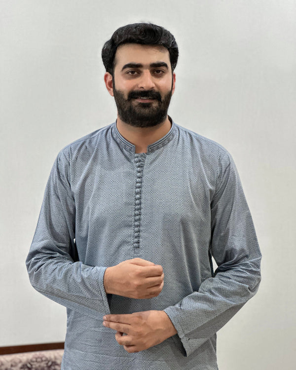 Gray Textured Cotton Kurta Trouser With Embroidered Collar - Stitched