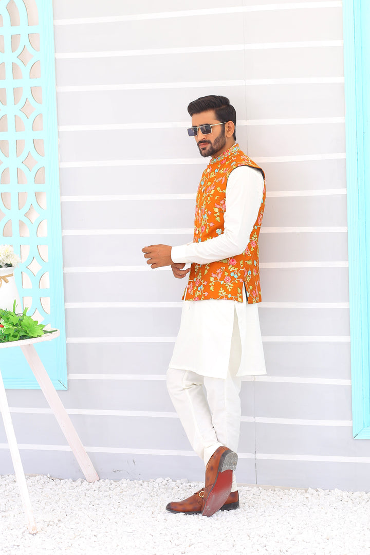 ER WC 1064 Yellow Embroidery Waistcoat For Men Edge Republic
