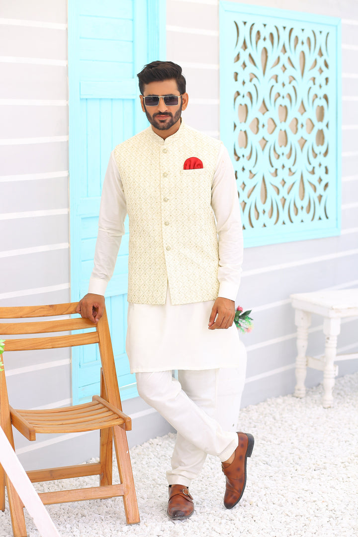 ER WC 1095 Off White Embroidered Waistcoat Edge Republic