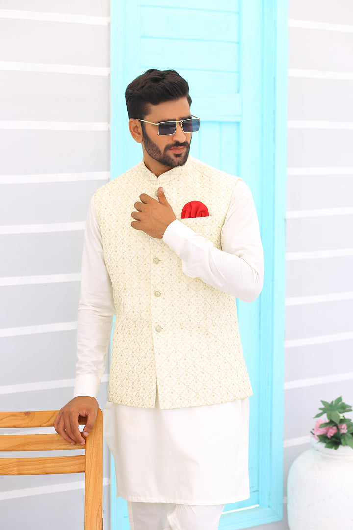 ER WC 1095 Off White Embroidered Waistcoat Edge Republic