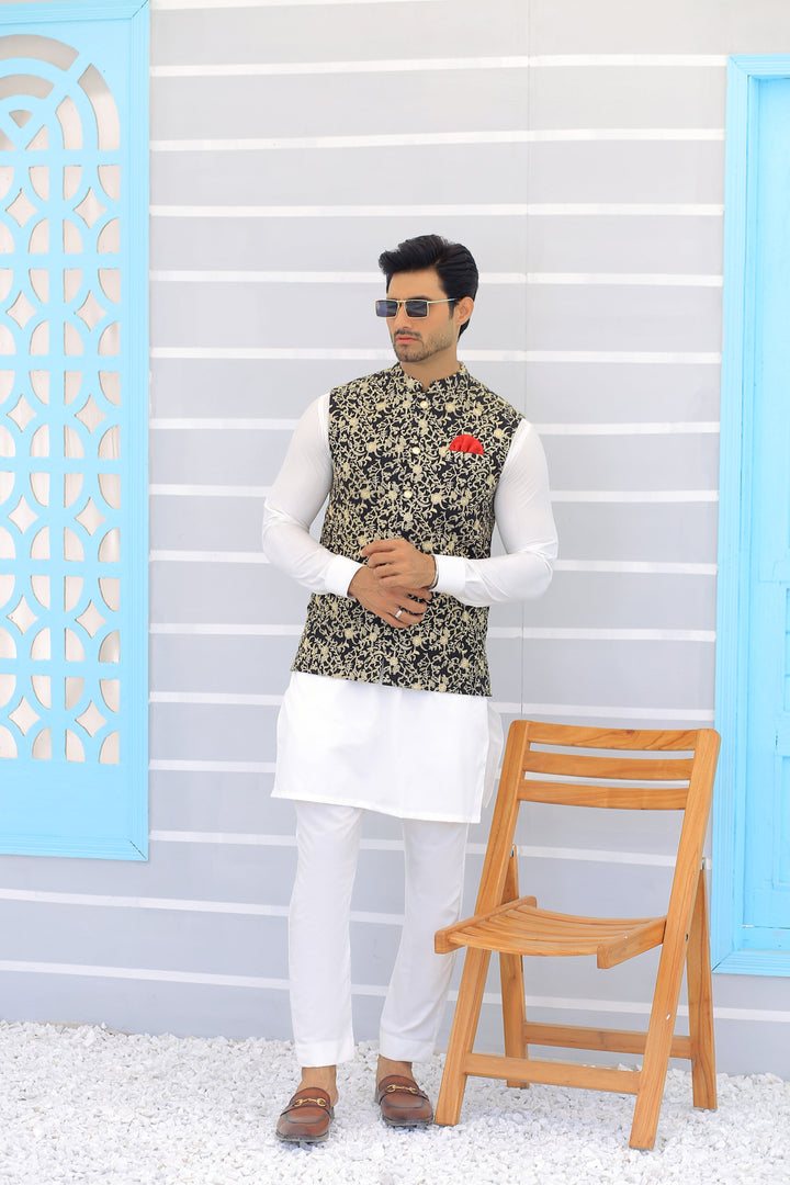 ER WC 1099 Black Golden Embroidered Waistcoats For Men Edge Republic
