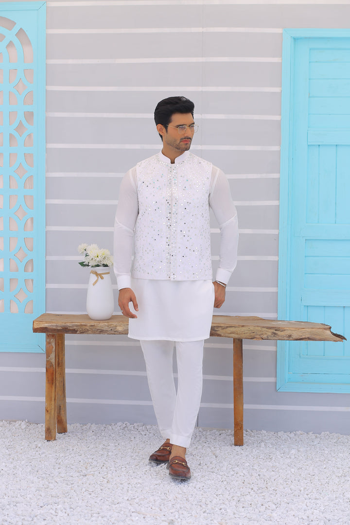 ER WC 1094 White Mirror Work Waistcoat Edge Republic