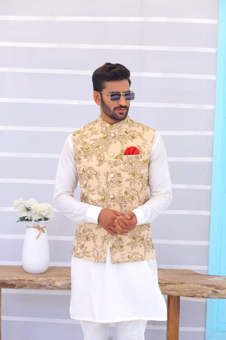 ER WC 1091 Beige Embroidered Waistcoat Edge Republic