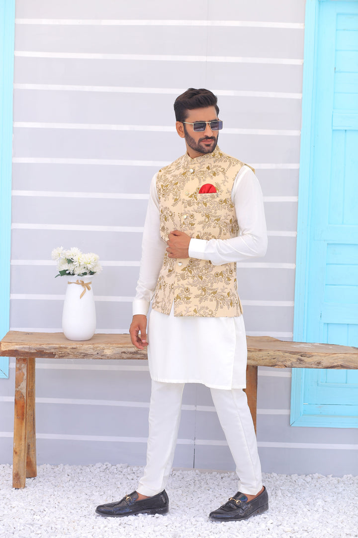 ER WC 1091 Beige Embroidered Waistcoat Edge Republic