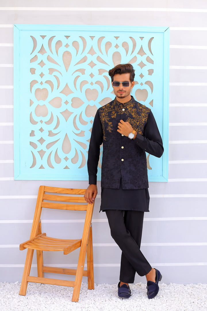 ER WC 1083 Black Copper Embroidered Waistcoat Edge Republic
