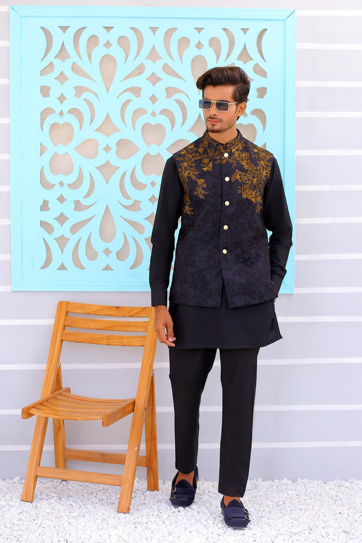 ER WC 1083 Black Copper Embroidered Waistcoat Edge Republic