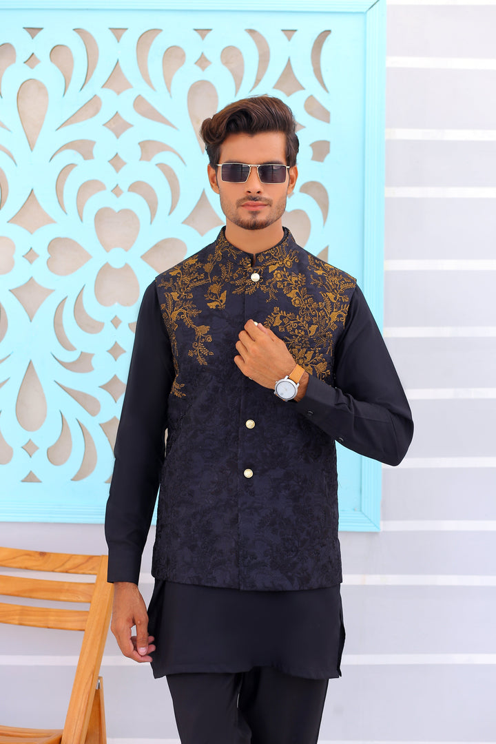 ER WC 1083 Black Copper Embroidered Waistcoat Edge Republic