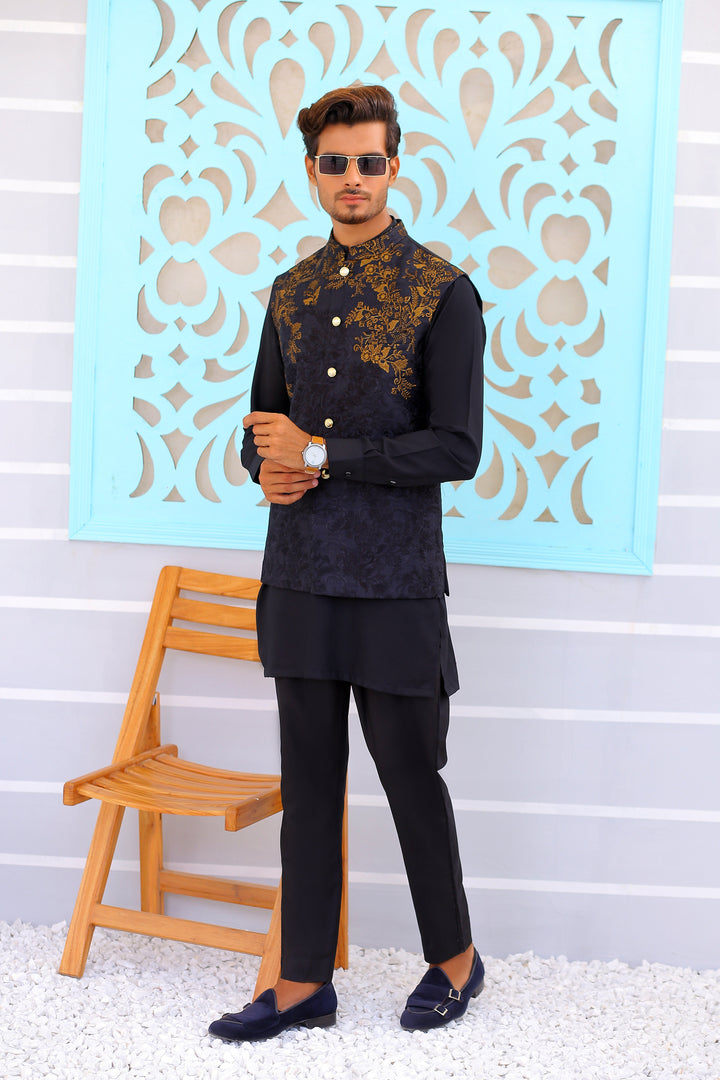 ER WC 1083 Black Copper Embroidered Waistcoat Edge Republic