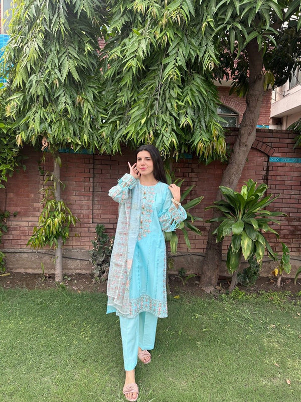 Enchanting Sky Blue Embroidered Suit - ATTIREPRET