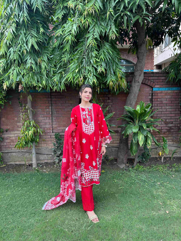 Radiant Red Embroidered 3-Piece Cotton Suit by AttirePret