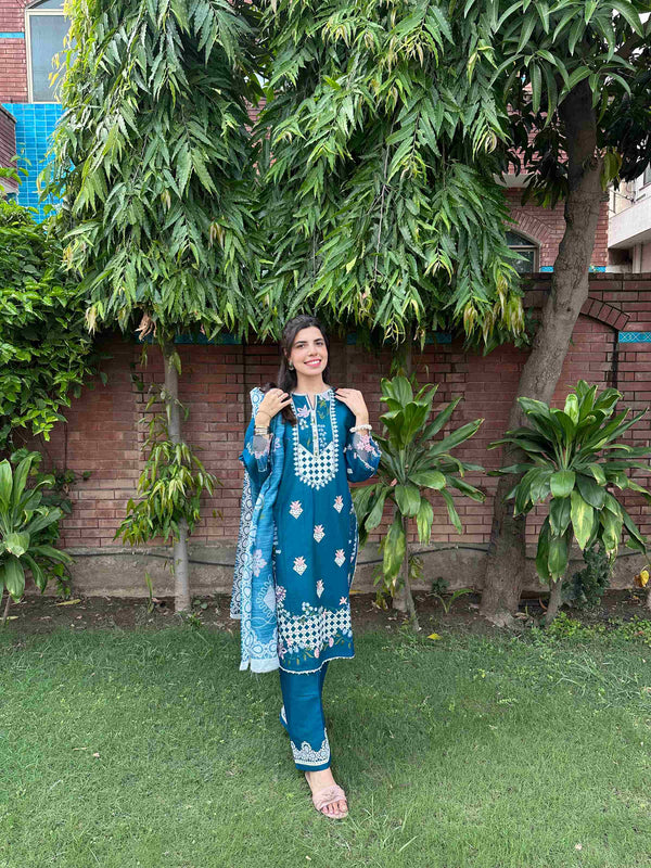 Teal Blue Embroidered 3-Piece Cotton Suit by AttirePret