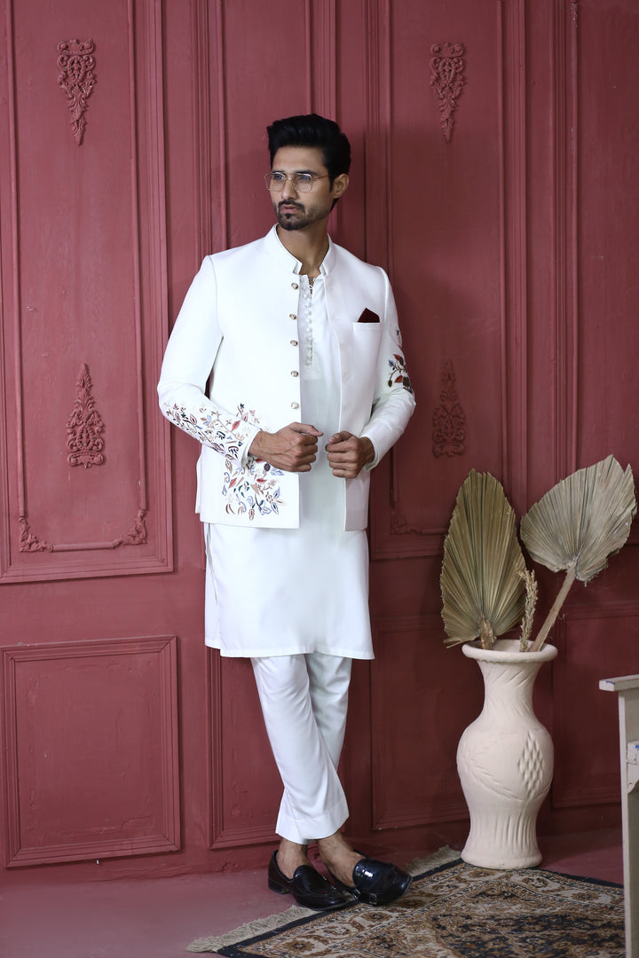ER PC 3002 White Flower Embroided Nikkah Prince Coat For Men Edge Republic