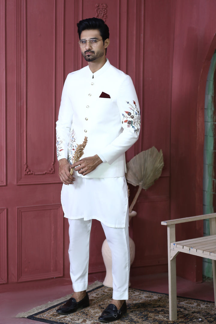 ER PC 3002 White Flower Embroided Nikkah Prince Coat For Men Edge Republic