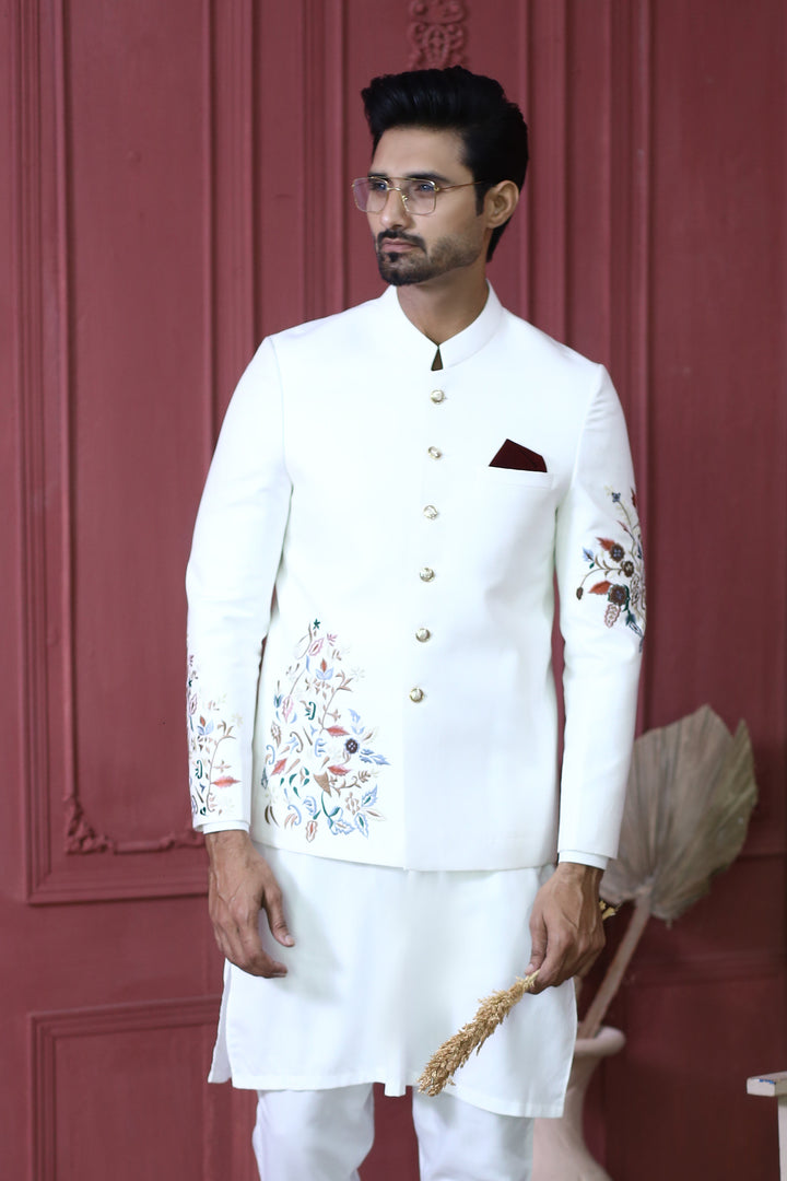 ER PC 3002 White Flower Embroided Nikkah Prince Coat For Men Edge Republic
