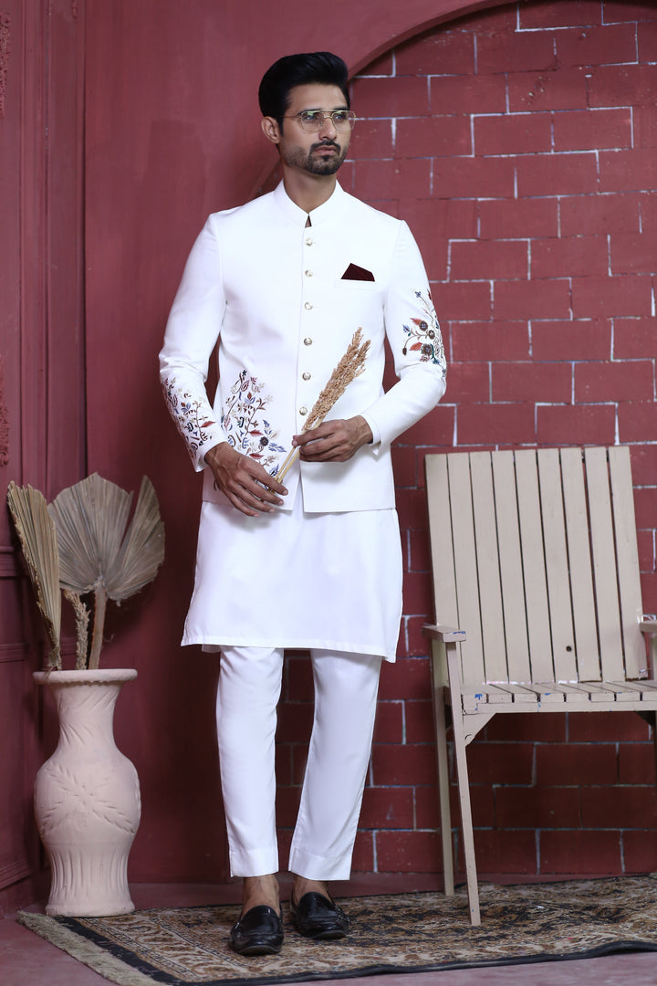 ER PC 3002 White Flower Embroided Nikkah Prince Coat For Men Edge Republic