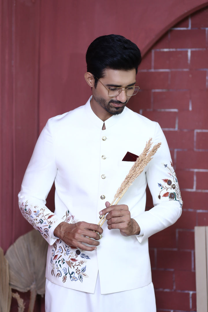 ER PC 3002 White Flower Embroided Nikkah Prince Coat For Men Edge Republic