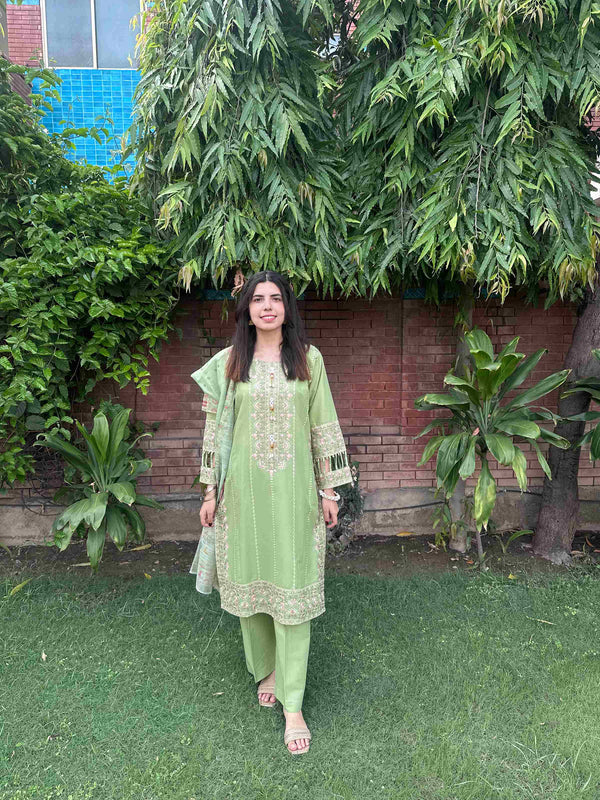 Attirepret - Lush Green Ready-to-Wear Cotton 3-Piece Suit