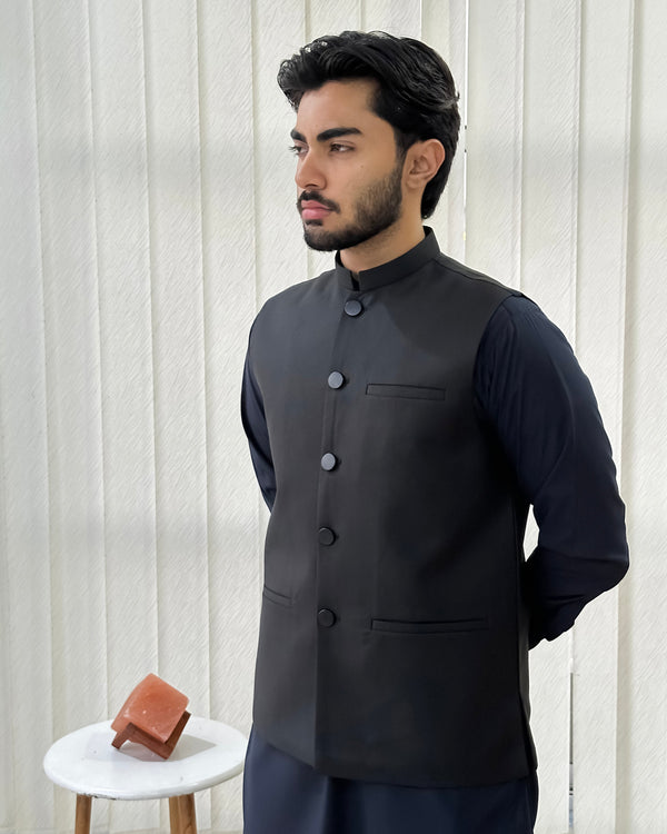 Black Suiting Waistcoat - Straight Cut Buttoned - Men