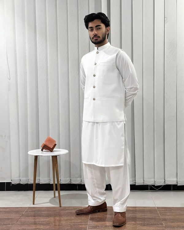 Off White Kurta Shalwar with Suiting Waistcoat - Straight Cut - Men