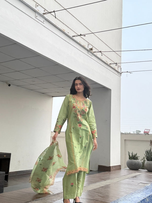 Fresh Pistachio Bloom: Embroidered 3-Piece Cotton Suit