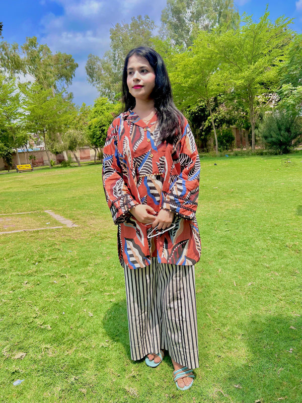 Rust Abstract Cotton 2-Piece Co-0rd Set – Shirt & Striped Trousers