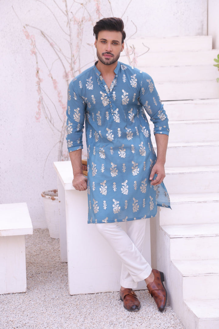 ER MR 52 Blue Self Cotton Silk Fabric Kurta Pajama Mirror Work For Men Edge Republic