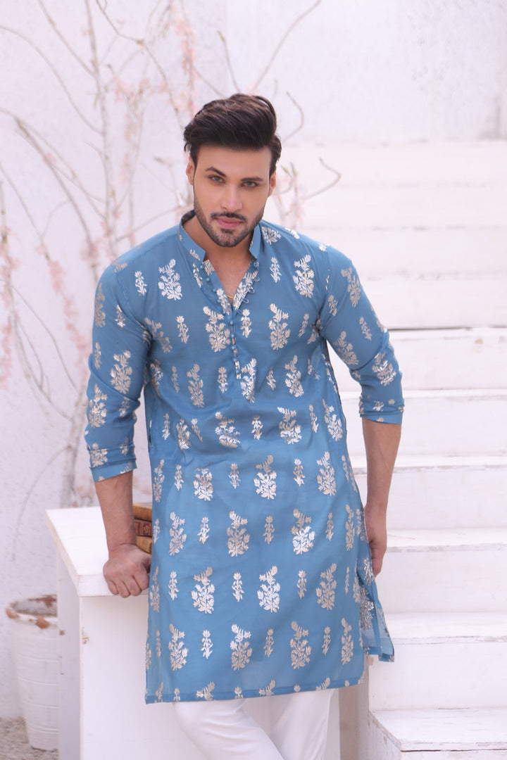 ER MR 52 Blue Self Cotton Silk Fabric Kurta Pajama Mirror Work For Men Edge Republic