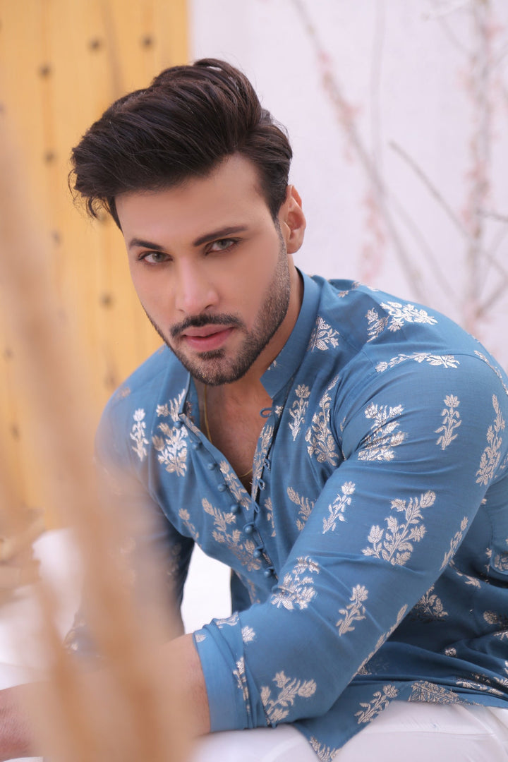 ER MR 52 Blue Self Cotton Silk Fabric Kurta Pajama Mirror Work For Men Edge Republic