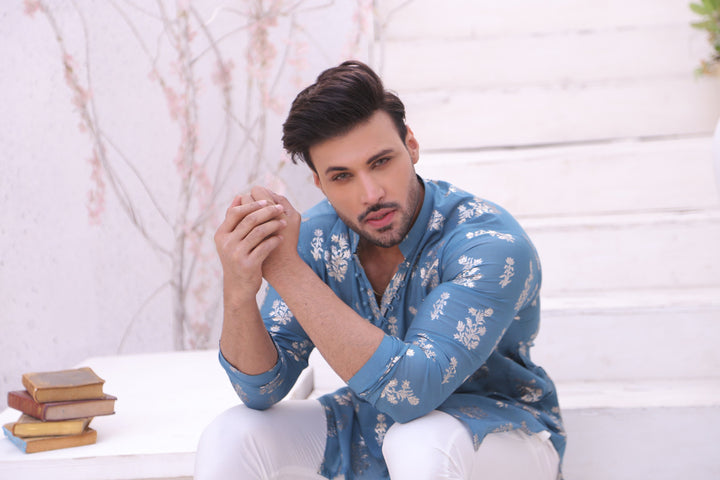 ER MR 52 Blue Self Cotton Silk Fabric Kurta Pajama Mirror Work For Men Edge Republic