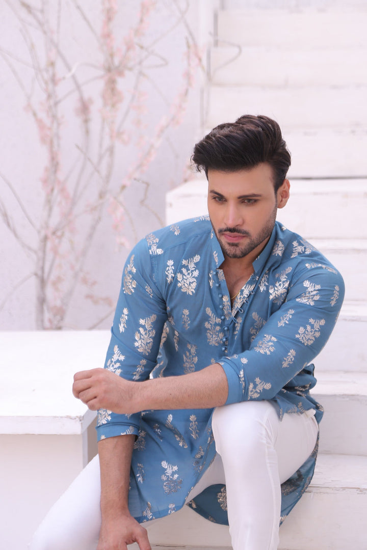 ER MR 52 Blue Self Cotton Silk Fabric Kurta Pajama Mirror Work For Men Edge Republic