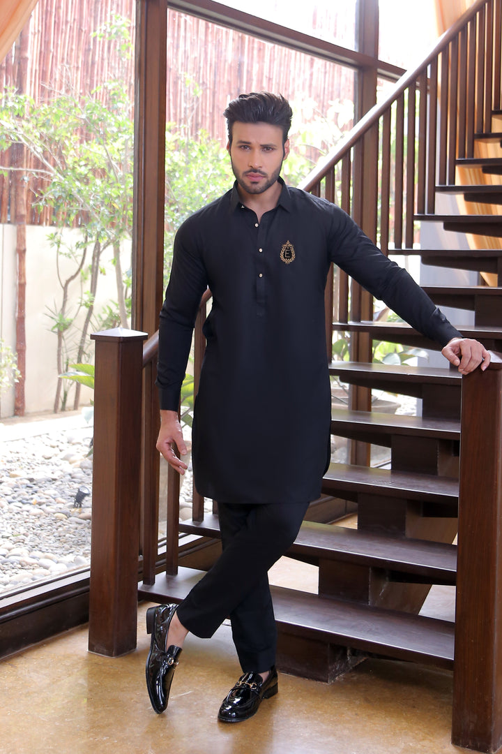 ER 681 Black Monogram Kurta pajama Edge Republic