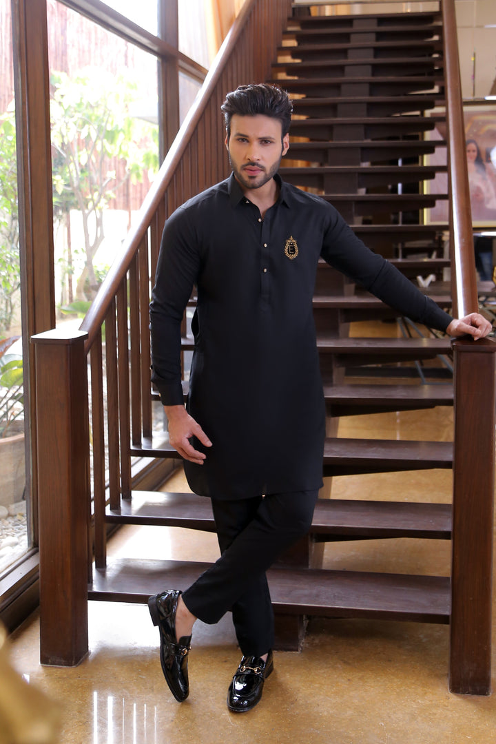 ER 681 Black Monogram Kurta pajama Edge Republic
