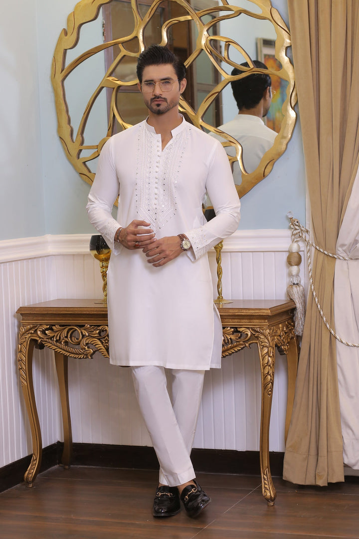 MR 63 White Mirror Work Kurta Pajama Edge Republic