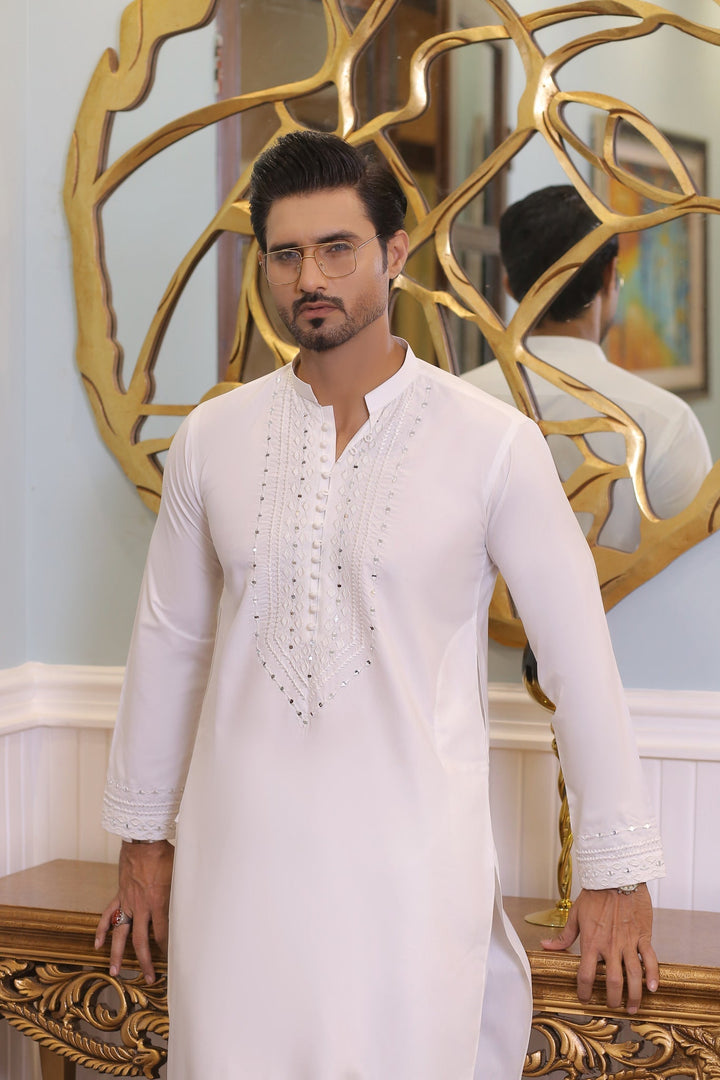 MR 63 White Mirror Work Kurta Pajama Edge Republic