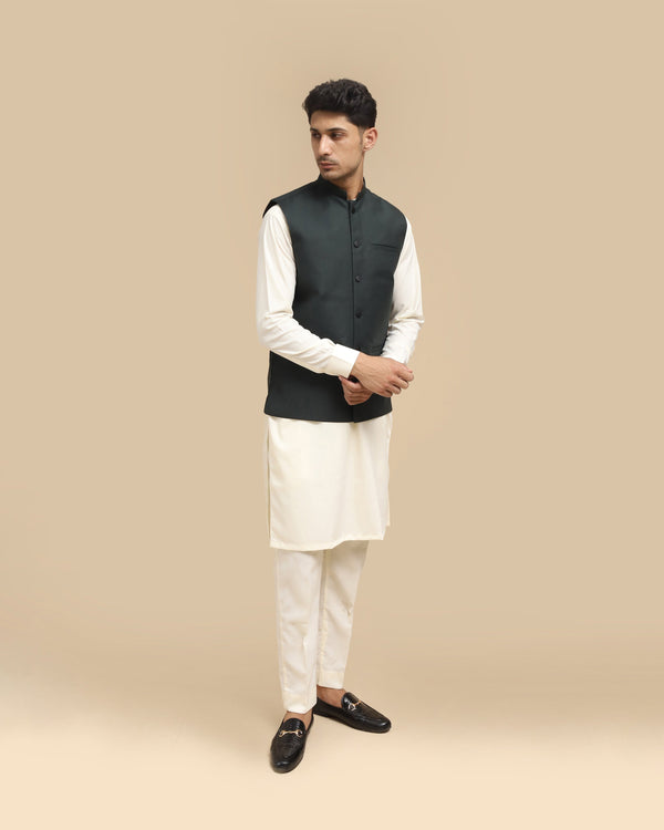Bosky Kurta Trouser with Army Green Suiting Waistcoat - Straight Cut - Men