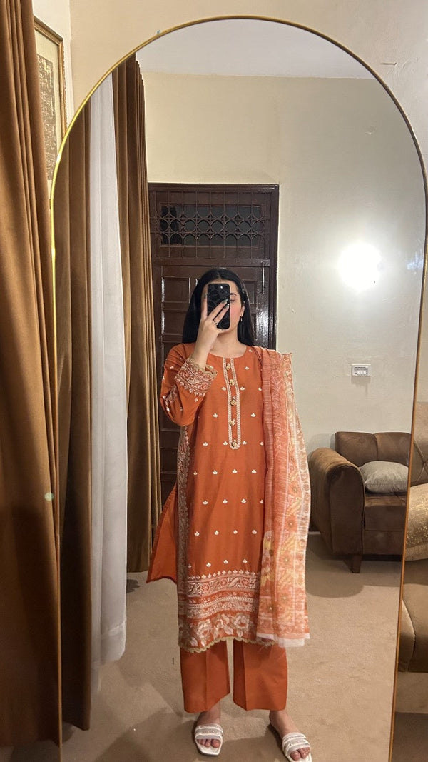 Burnt Rust Elegance – 3 Piece Embroidered Cotton Suit by AttirePret