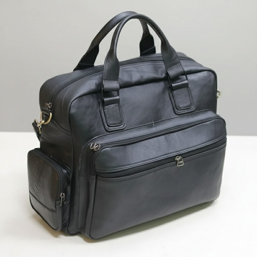Jet Black Cow Leather Travel Bag