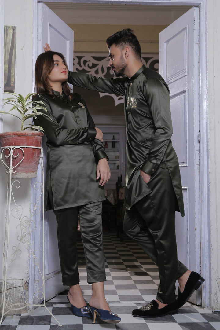 ER Green CP 8 Olive green Kurta Pajama with Gold Buttons For Couples Edge Republic