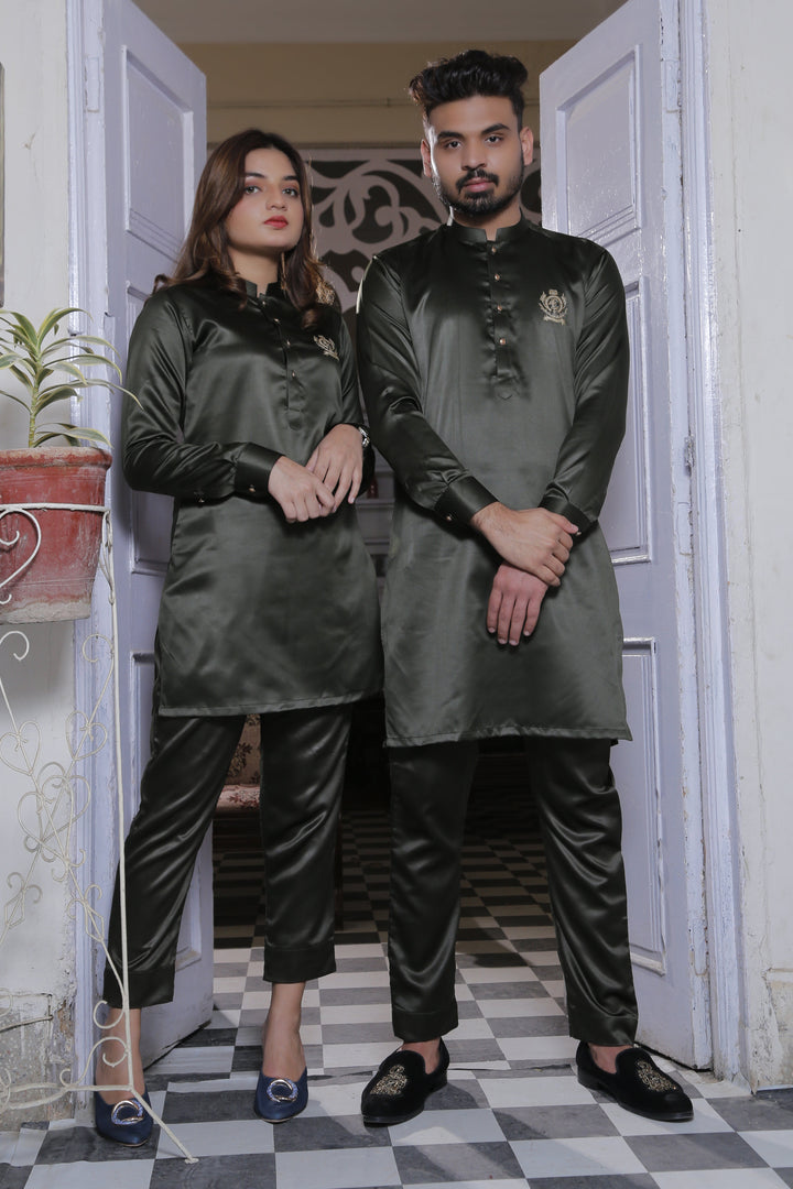 ER Green CP 8 Olive green Kurta Pajama with Gold Buttons For Couples Edge Republic