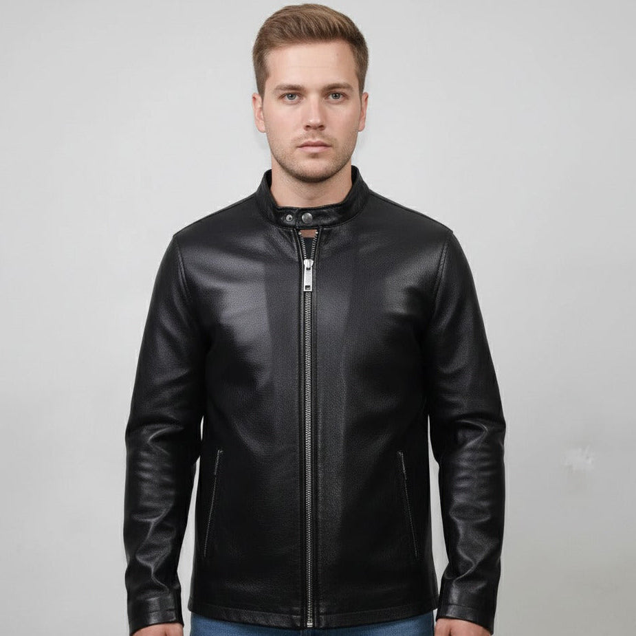 Plain Black Cow Leather Jacket