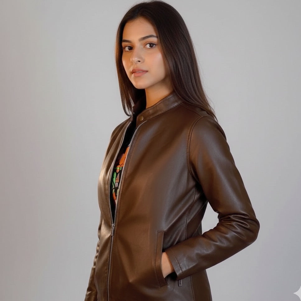 Plain Brown Cow Leather Ladies Jacket