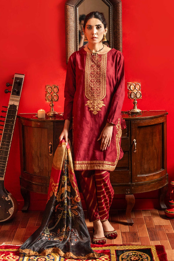 AY609 - Emb Maroon 3Pc