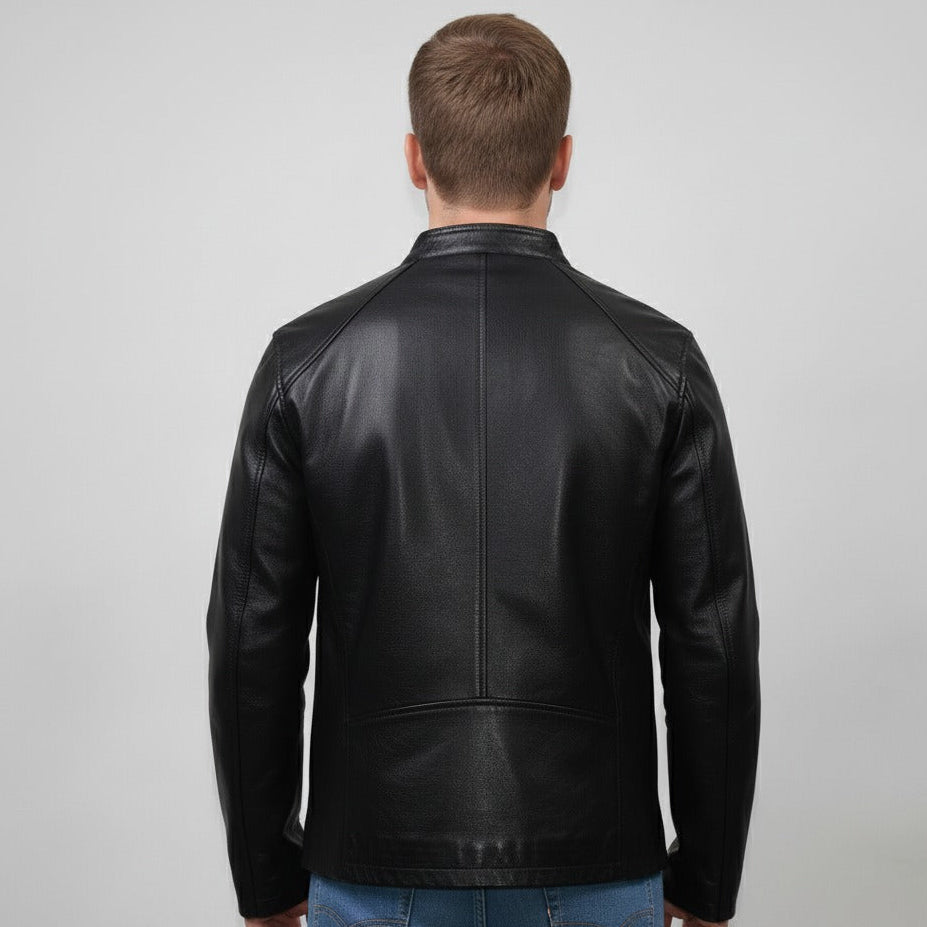 Styled plain black leather jacket outfit