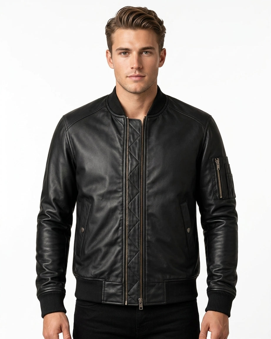The Ace | Men's Black Leather Bomber Jacket