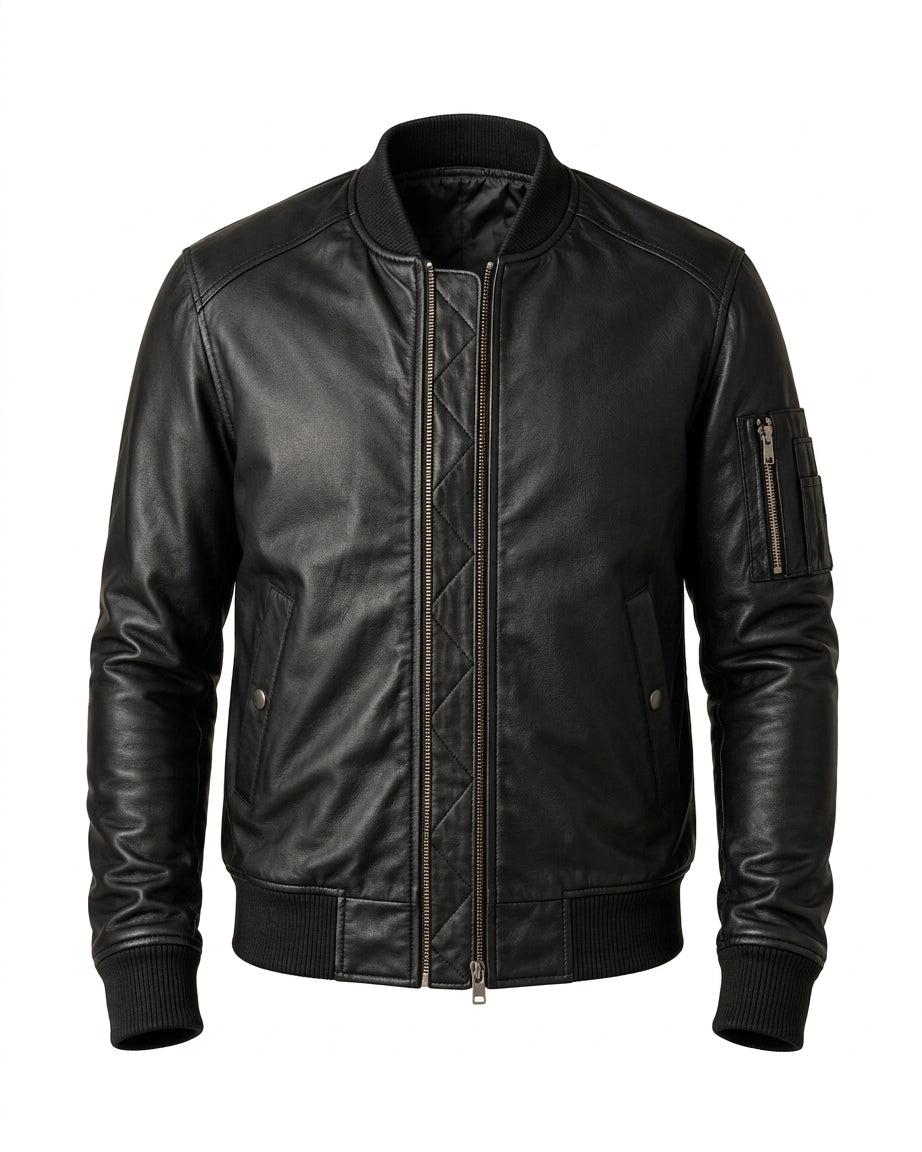 The Ace | Men's Black Leather Bomber Jacket