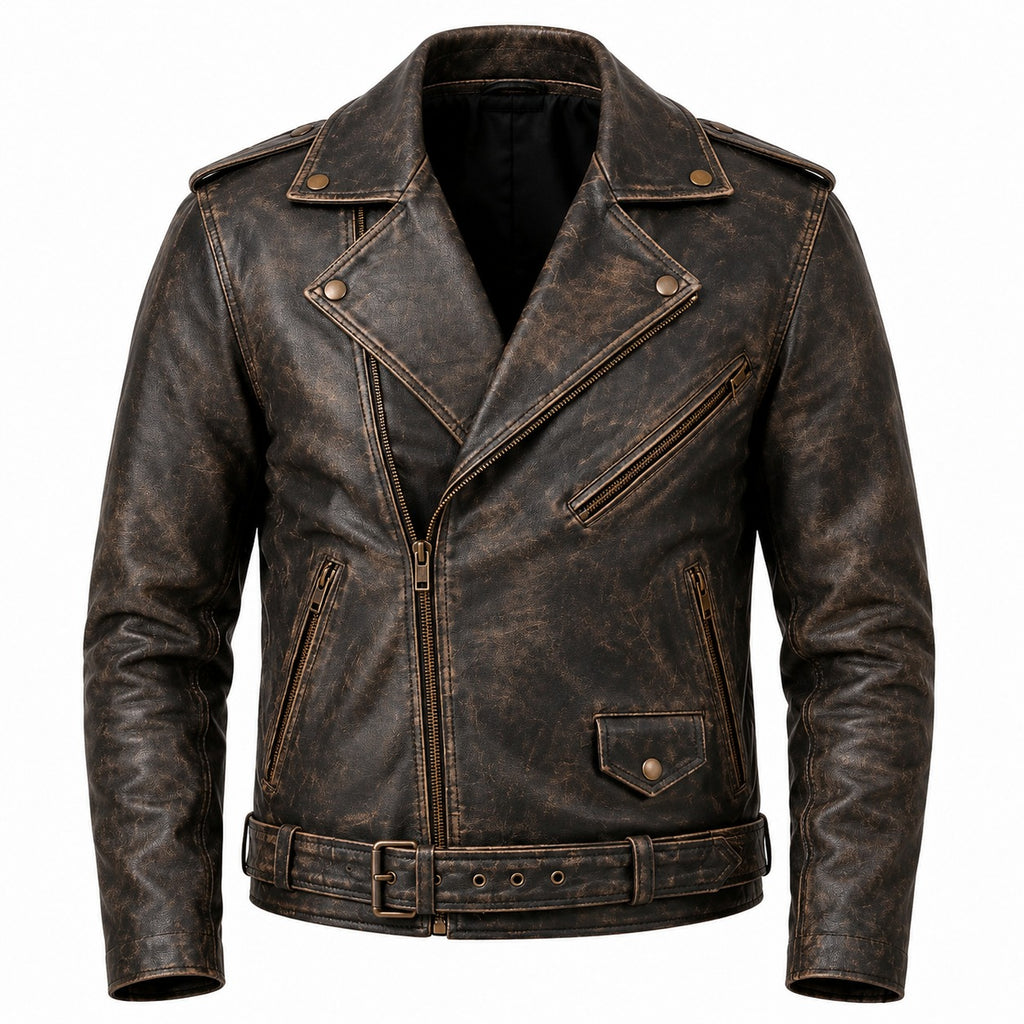 The Allaric Alley | Vintage Distressed Brown Leather Biker Jacket