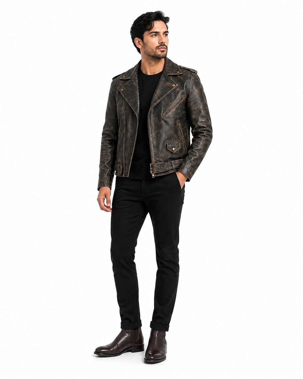 The Allaric Alley | Vintage Distressed Brown Leather Biker Jacket