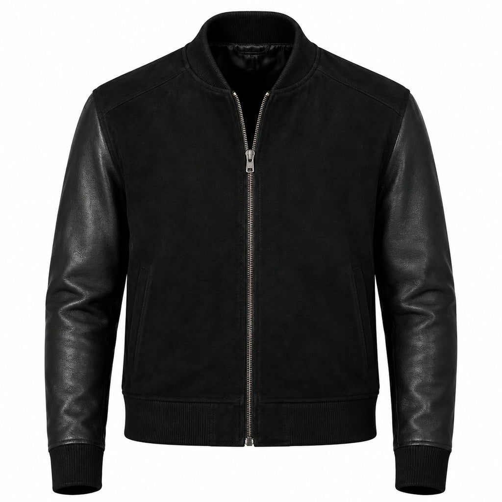 The Apex | Men's Black Plain Suede Hybrid Bomber Jacket