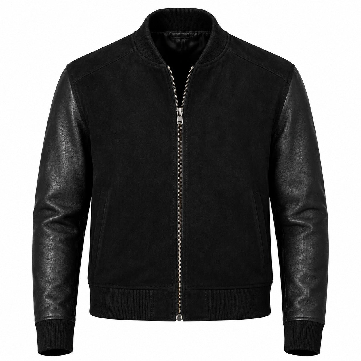 The Apex | Men's Black Plain Suede Hybrid Bomber Jacket